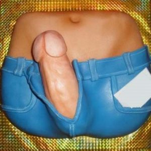 Colossal Dick popping out blue shorts with card into pocket