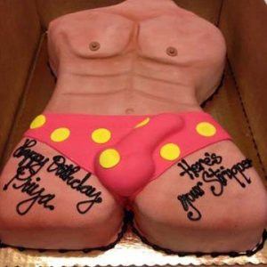 Tall tan stranger with love Muscle hiding in red and yellow dot drawers cake